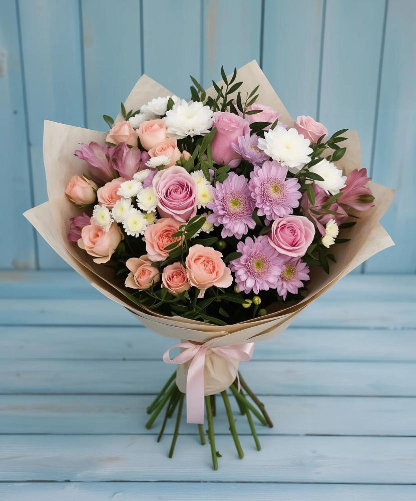 Букет цветов из: Хризантемы, Розы и Альстромерии в Каменномостском
