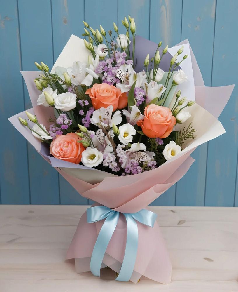 Букет цветов из: Лизиантусы, Розы, Альстромерии и Гипсофила в Каменномостском