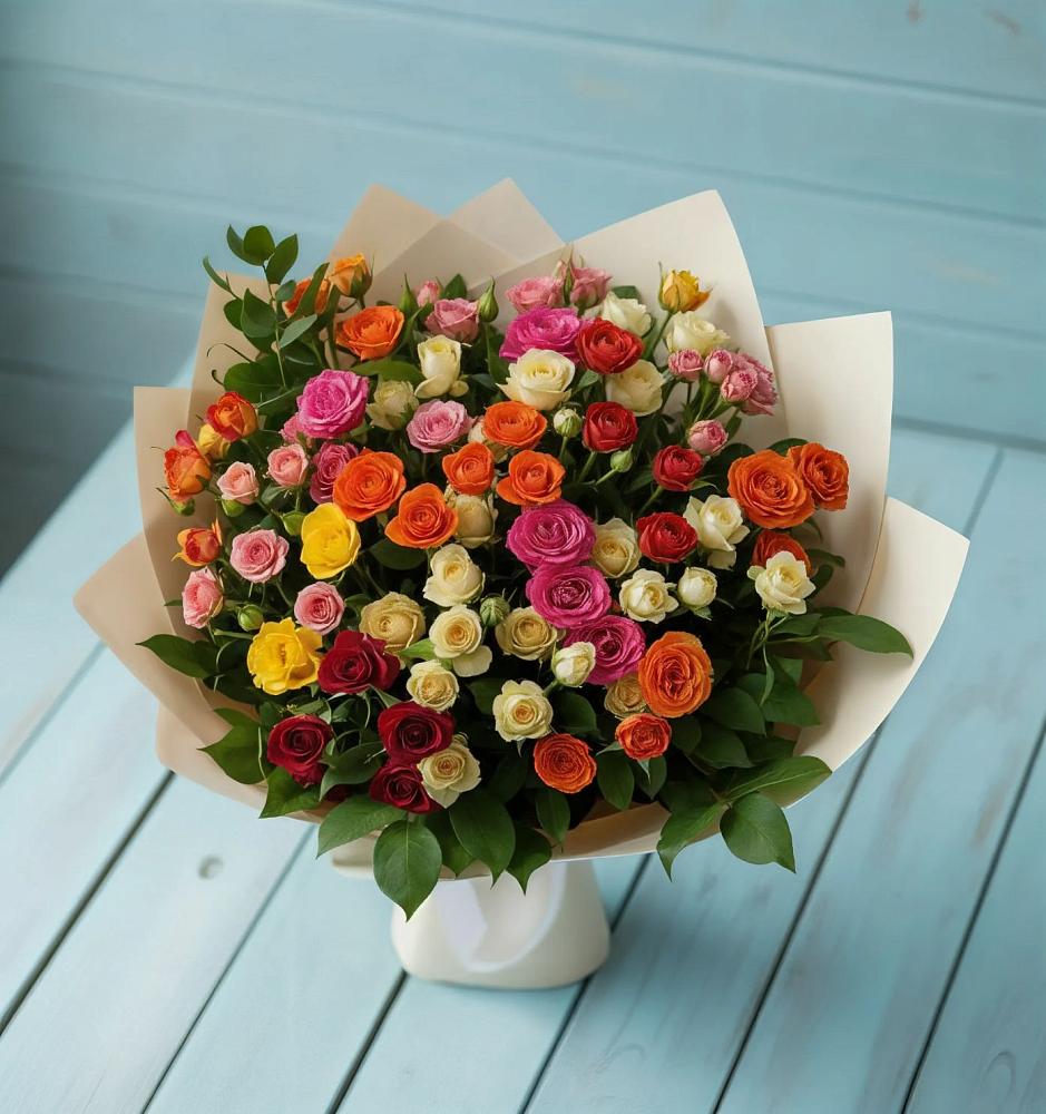 Букет Микс из разноцветных кустовых роз в Каменномостском
