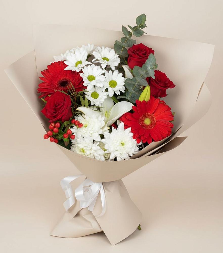 Букет цветов из: Розы, Хризантемы, Герберы и Лилии в Каменномостском