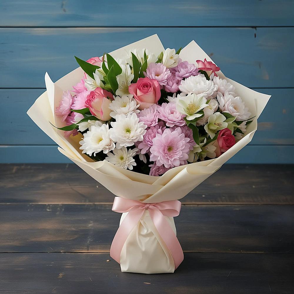 Букет цветов из: Хризантемы, Альстромерии и Розы в Каменномостском